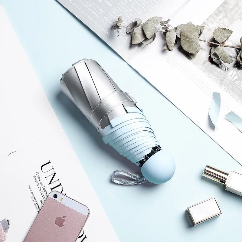 Titanium Silver 8 Ribs Pocket Mini Umbrella: Anti - UV Sun Umbrella, UPF Protection - GiftMira