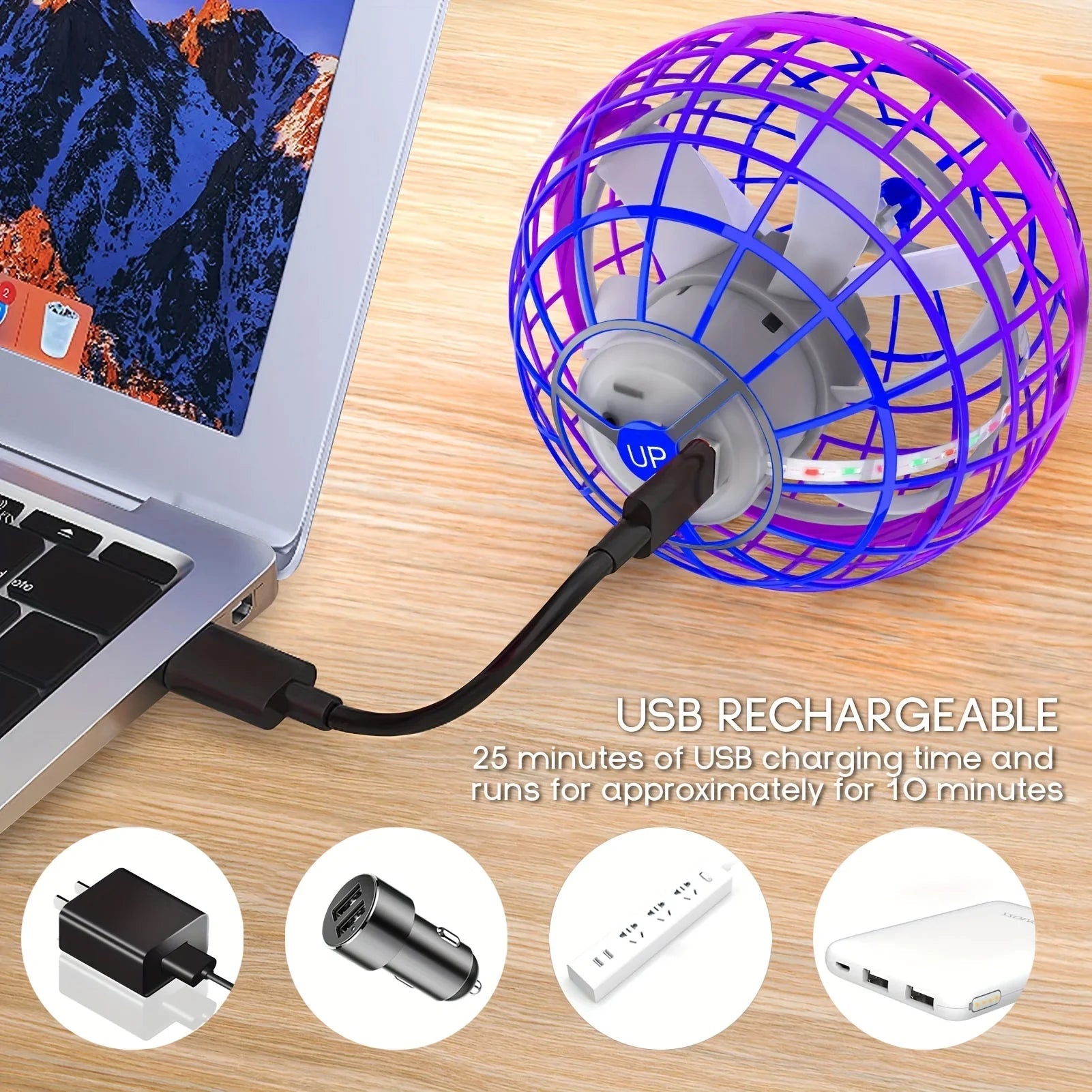 USB Rechargeable Flying Hover Ball Toy with RGB Lights, Hand - Controlled Floating Spinner Drone Ball for Kids Gift - GiftMira