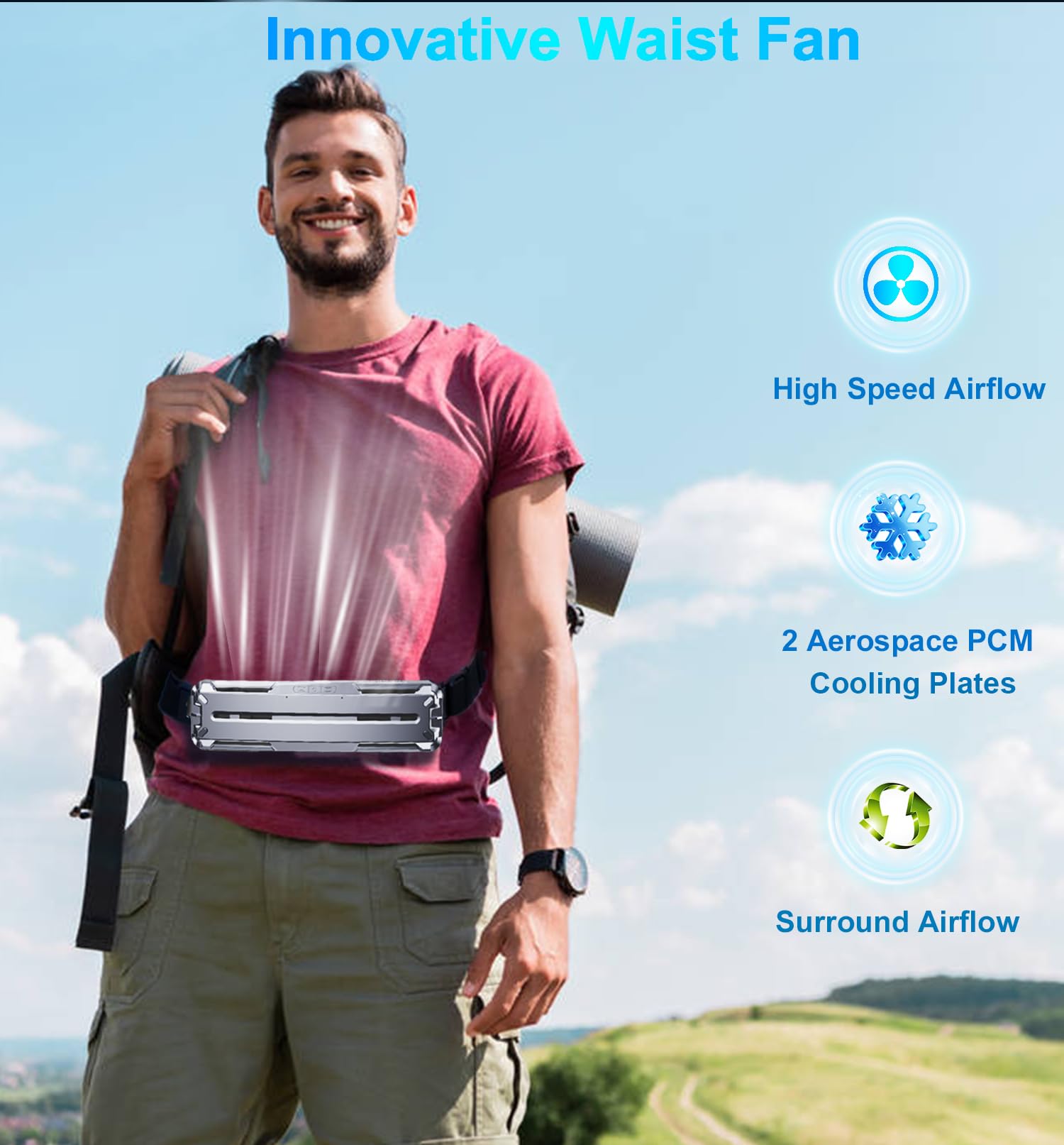 Wearable Waist Belt Fan Rechargeable 10000mAh, Portable Clip - On Cooling Fan 16000RPM 25H Outdoor Camping - GiftMira