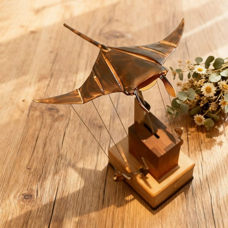 Wooden Manta Ray Automaton Hand-Cranked Kinetic Sculpture - GiftMira