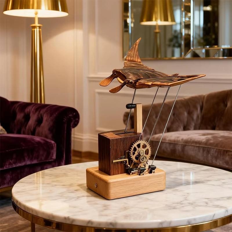 Wooden Manta Ray Automaton Hand-Cranked Kinetic Sculpture - GiftMira