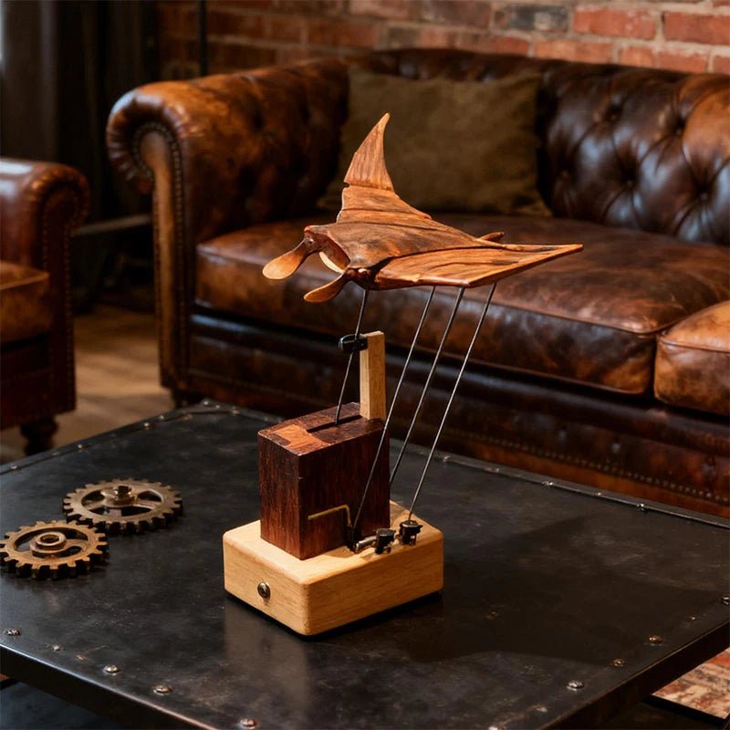 Wooden Manta Ray Automaton Hand-Cranked Kinetic Sculpture - GiftMira